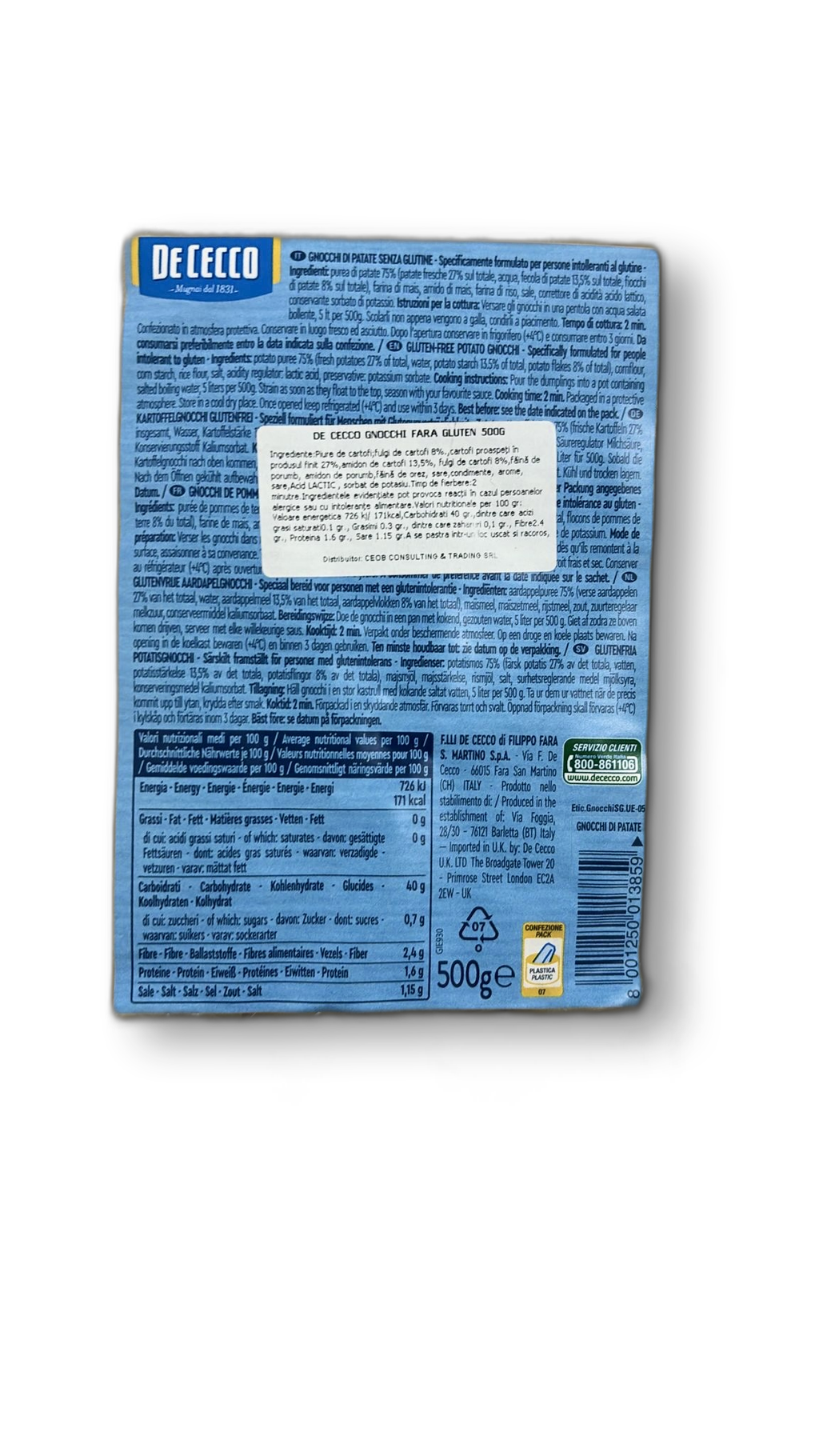 DE CECCO GNOCCHI FARA GLUTEN 500G