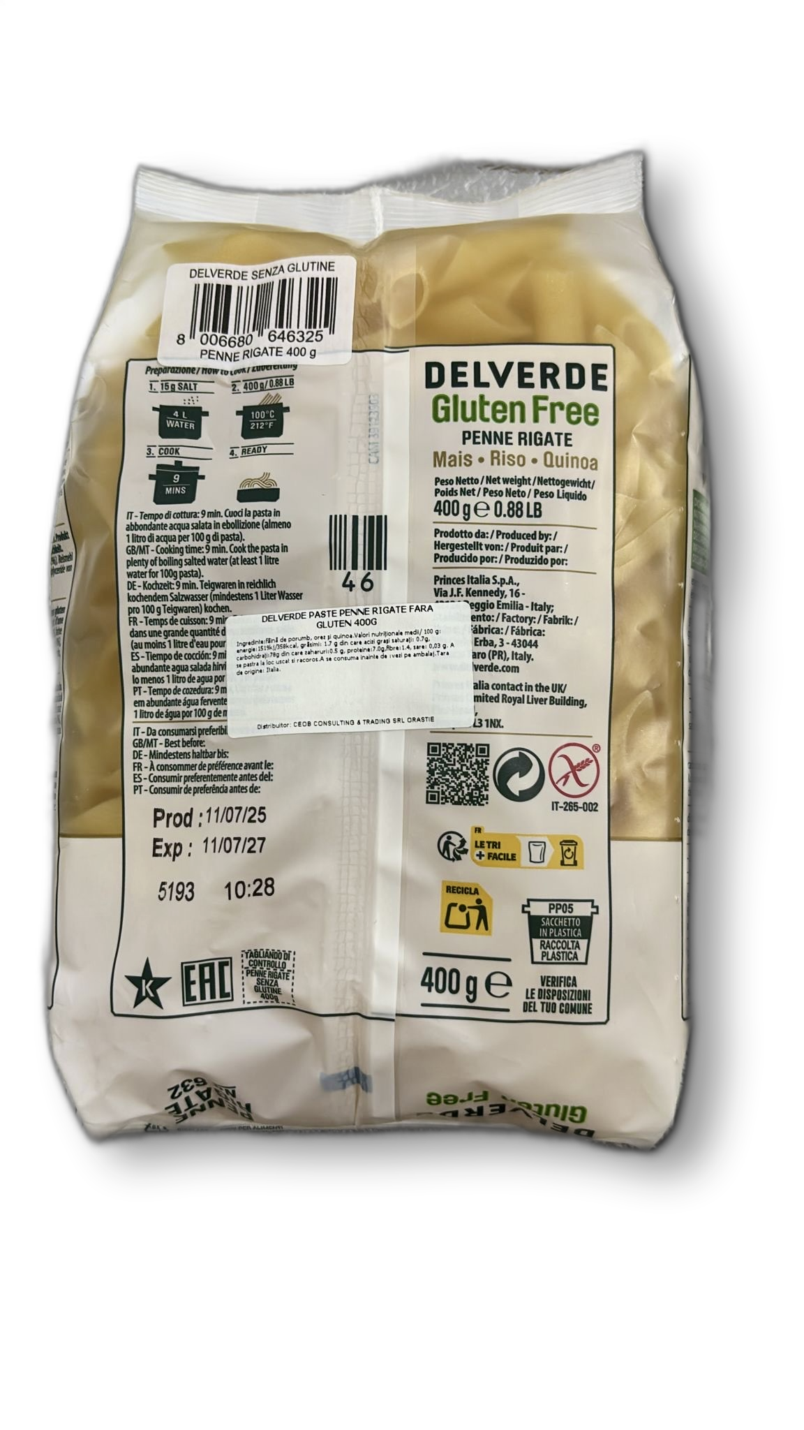 DELVERDE PASTE PENNE RIGATE FARA GLUTEN 400G
